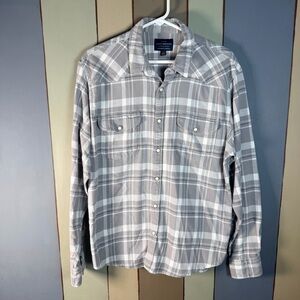 Lucky Brand Pearl Snap Saturday Stretch Gray Plaid Shirt Men Western-Size:Large